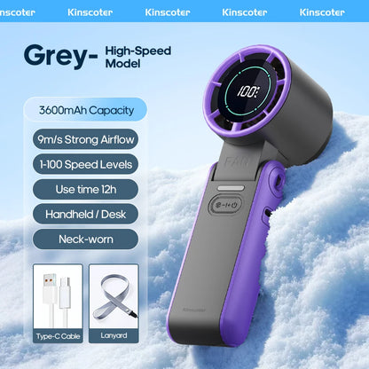 Portable High Speed Cooling Handheld Fan 3600mAh Rechargeable 100 Speed Adjustable Mini Foldable Air Cooling Turbo Fan &amp; Lanyard