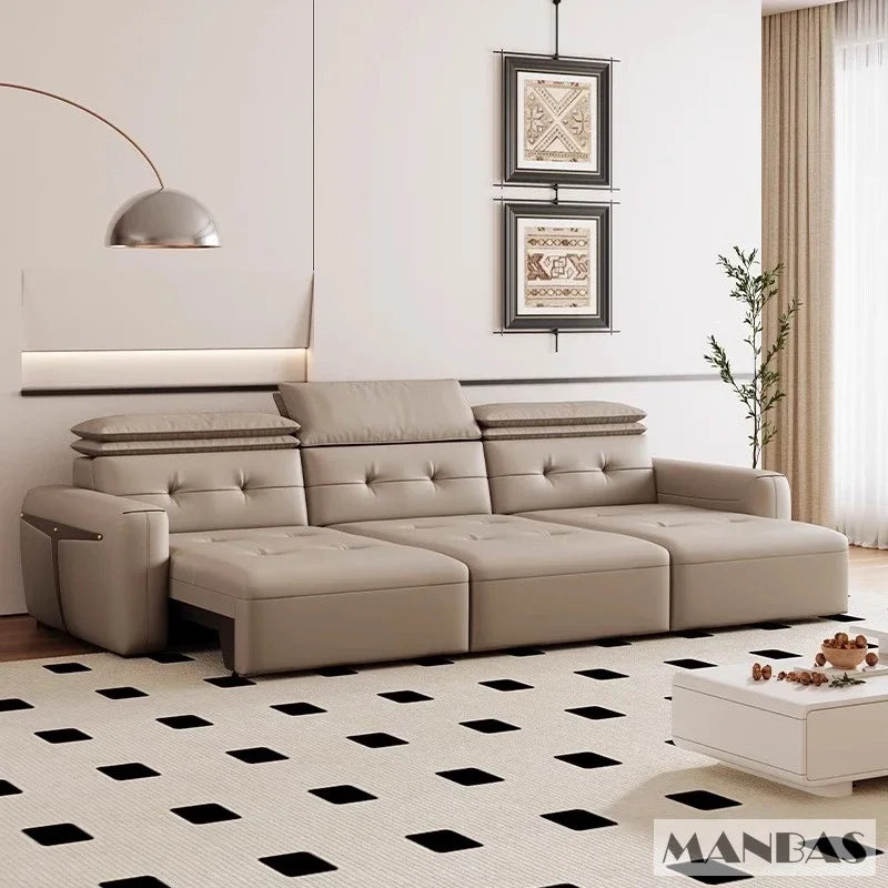 Electric Convertible Leather Sofa Bed with Adjustable Headrest