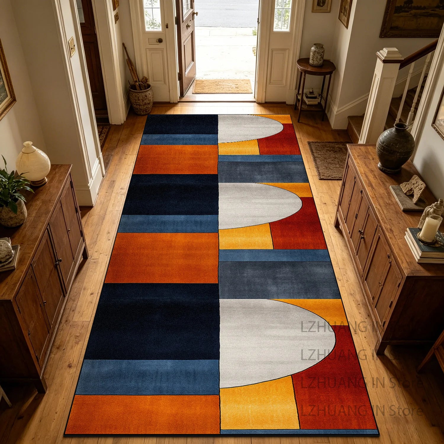 Retro Geometric Style Long Corridor Carpet Decoration Stairway Doorway Non-slip Rug Easy Clean Lint-free Long Runner Floor Mats