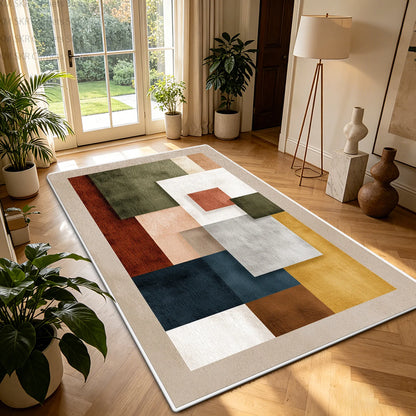 Nordic Geometric Color-Block Washable Living Room Rug – Non-Slip Large Carpet