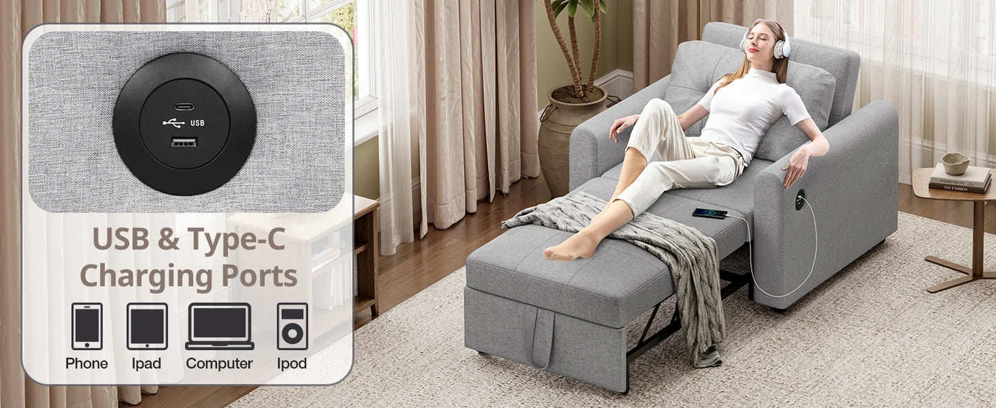 3-in-1 Convertible Sofa Bed with USB & Type-C | Single Pull-Out Sleeper Chair