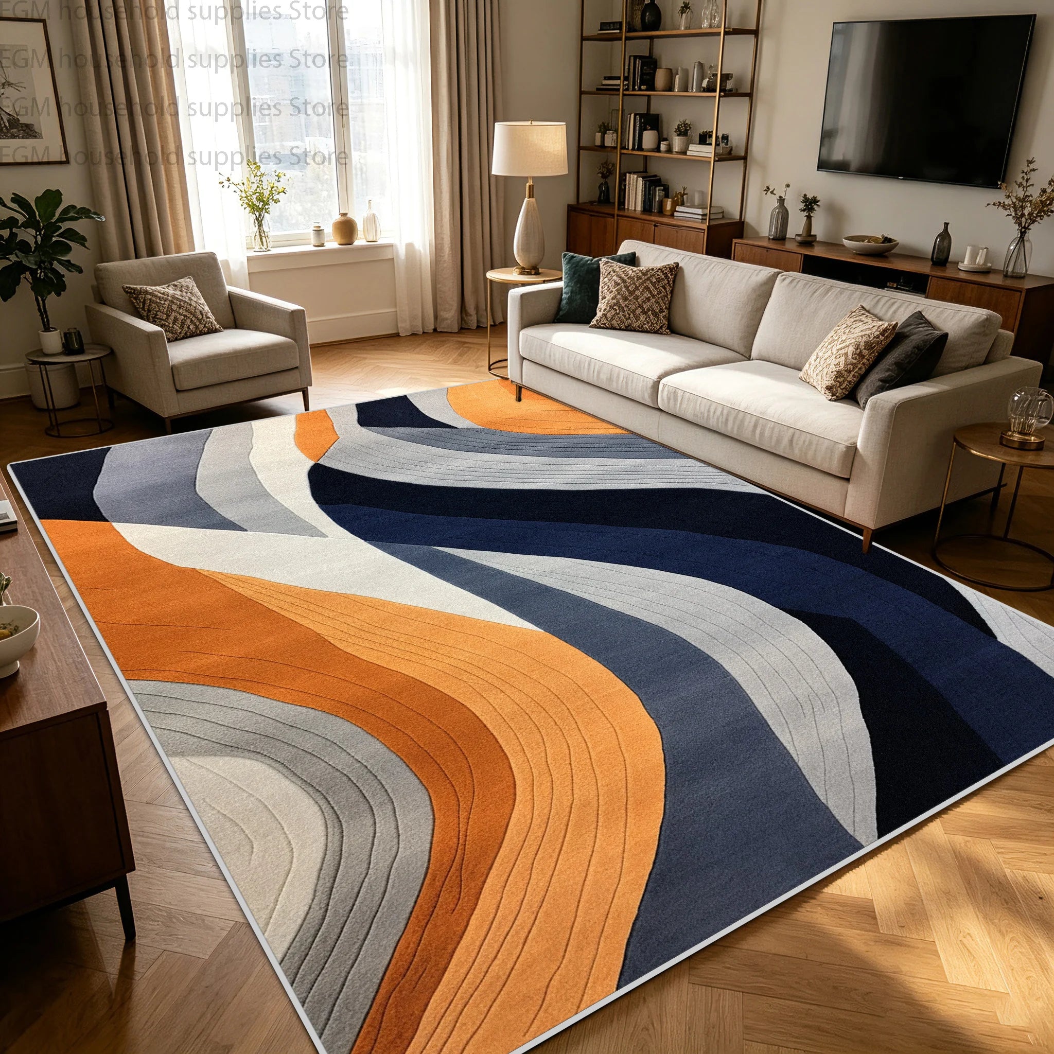 Modern Blue Orange Geometric Abstract Carpet Living Room Large Area Rugs Bedroom Decor Washable Non-slip Soft Fluffy Floor Mat