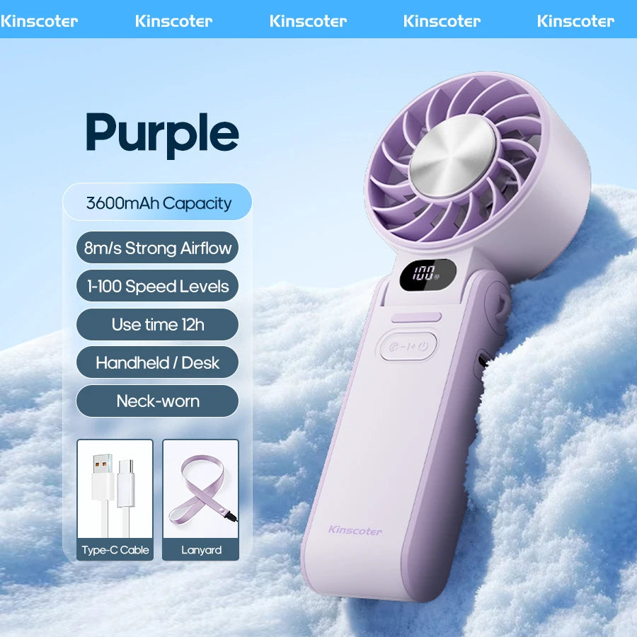 Portable High Speed Cooling Handheld Fan 3600mAh Rechargeable 100 Speed Adjustable Mini Foldable Air Cooling Turbo Fan &amp; Lanyard