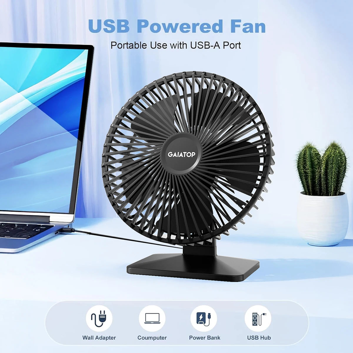 GAIATOP Desk Fan Portable USB Fan 90° Adjustable Cooling Fan Mute 3 Speed Adjustment Ultra Quiet Suitable For Home Desk Office