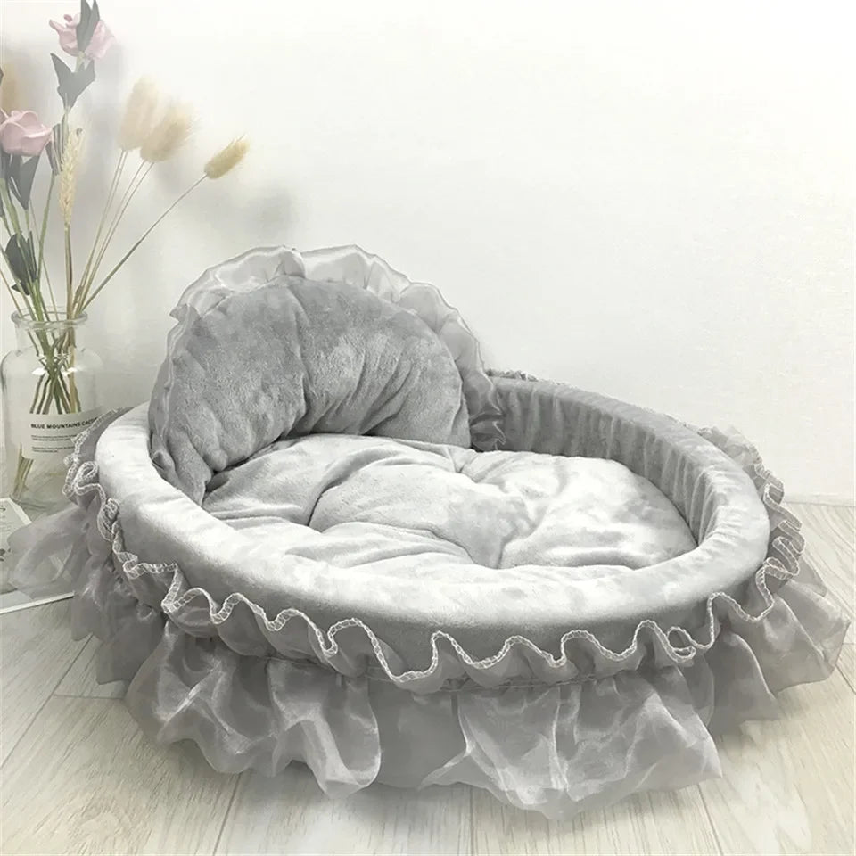 Hanpanda Fantasy Bow Lace Dog Bed Beds For Large Dogs Detachable Oval Pink Princess Pet Bed Basket For Dog Pet Wedding Furniture