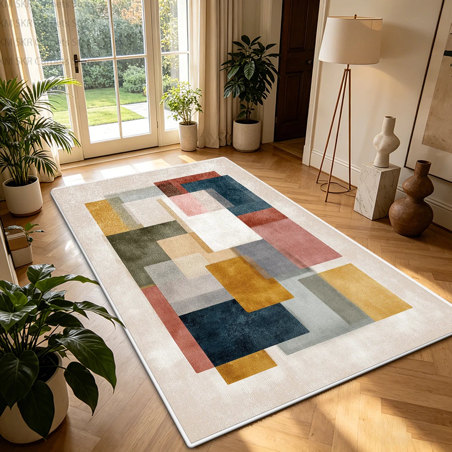 Nordic Geometric Color-Block Washable Living Room Rug – Non-Slip Large Carpet
