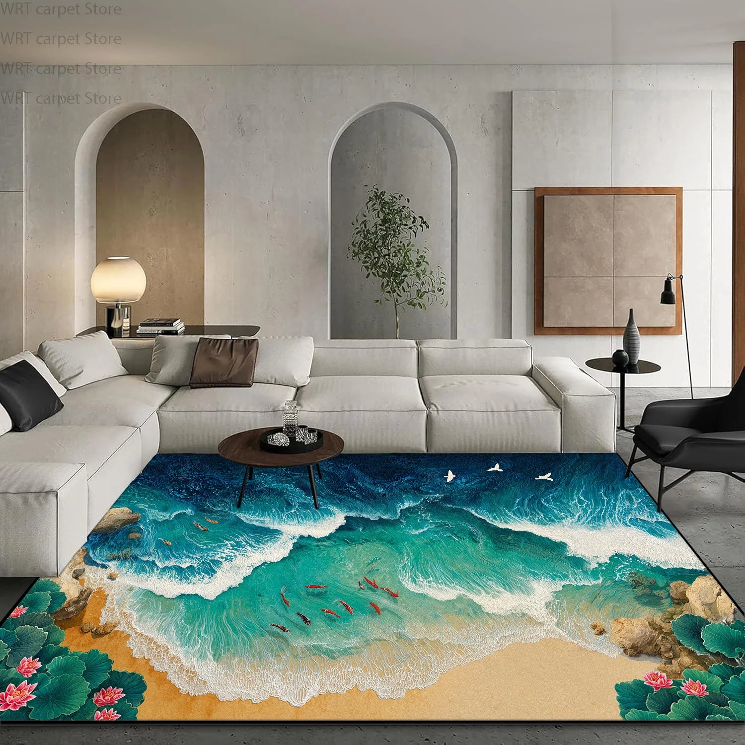 3D Ocean Beach Print Living Room Carpet Light Luxury Decoration Home Sofa Area Washable Rugs Hotel Bedroom Bedside Soft Foot Mat