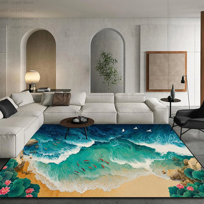 3D Ocean Beach Print Living Room Carpet Light Luxury Decoration Home Sofa Area Washable Rugs Hotel Bedroom Bedside Soft Foot Mat