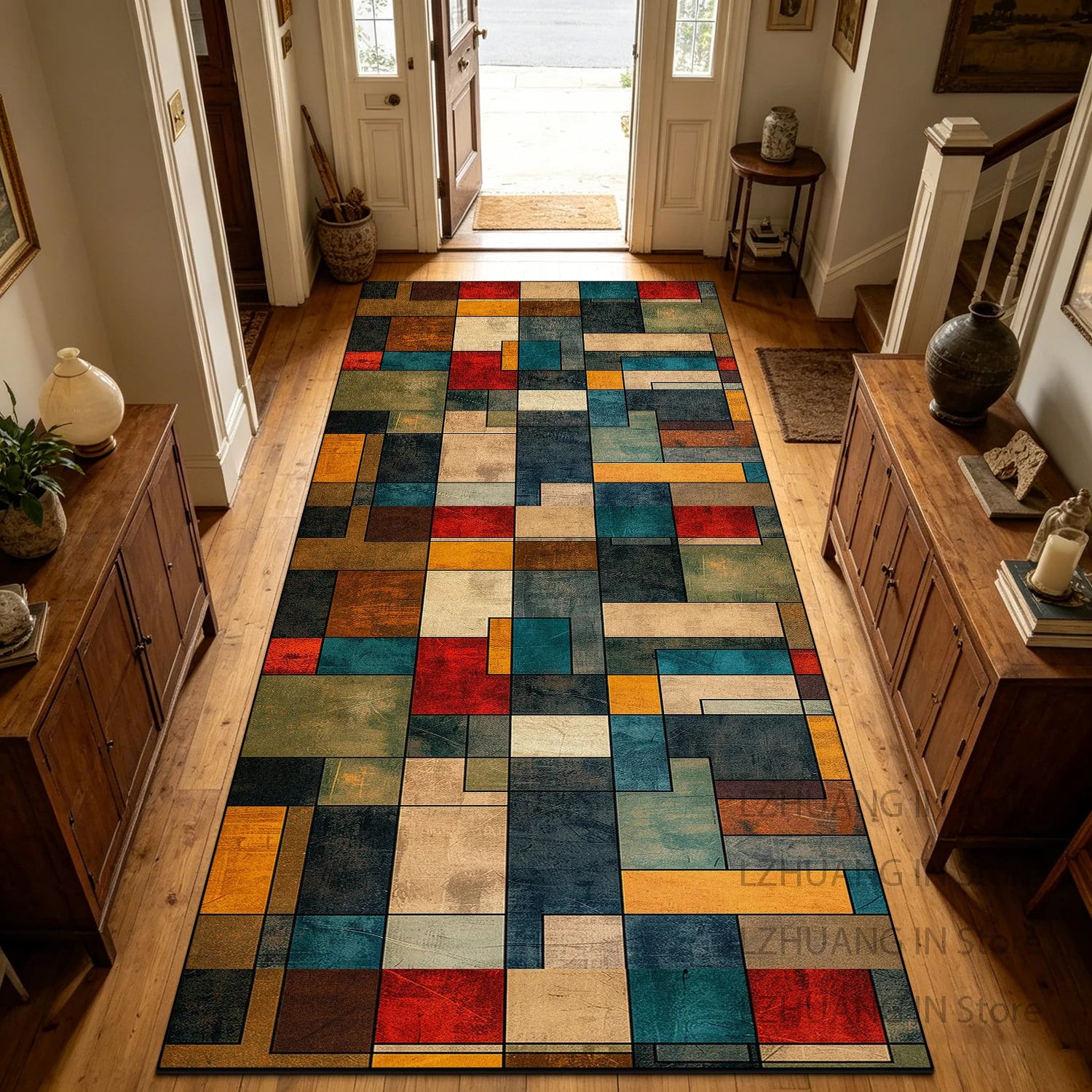 Retro Geometric Style Long Corridor Carpet Decoration Stairway Doorway Non-slip Rug Easy Clean Lint-free Long Runner Floor Mats
