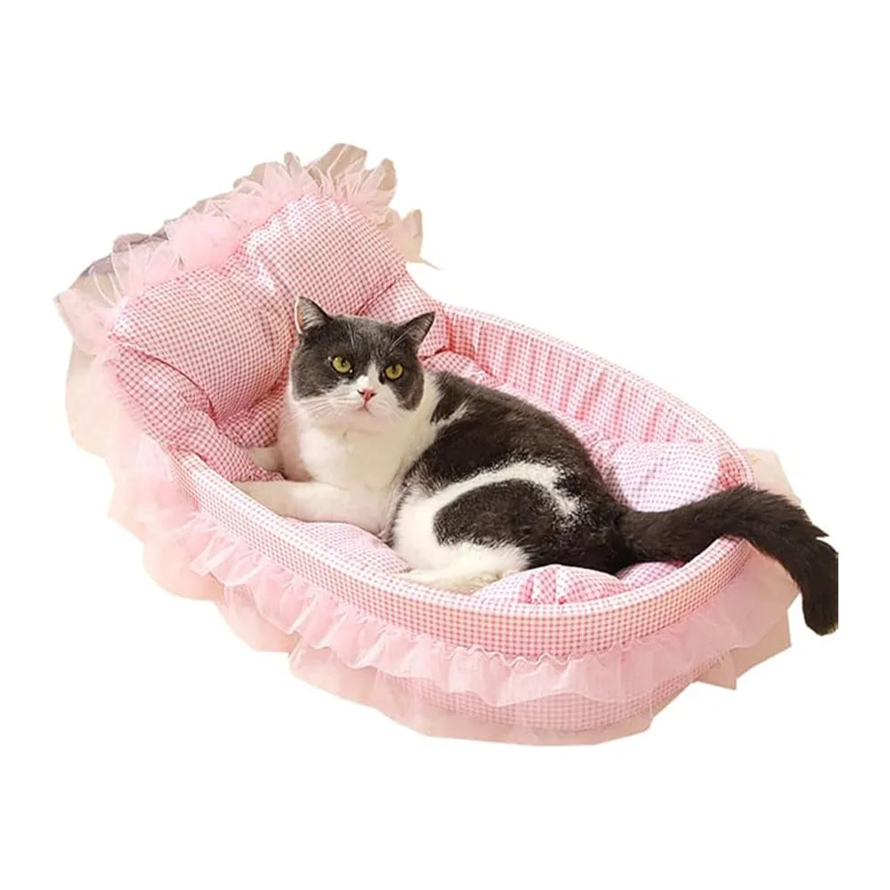 Cute Lace-Trimmed Pet Cat Princess Sofa Bed For Four Seasons  Washable and Removable Soft Plush Oval for Small Dogs/Cats