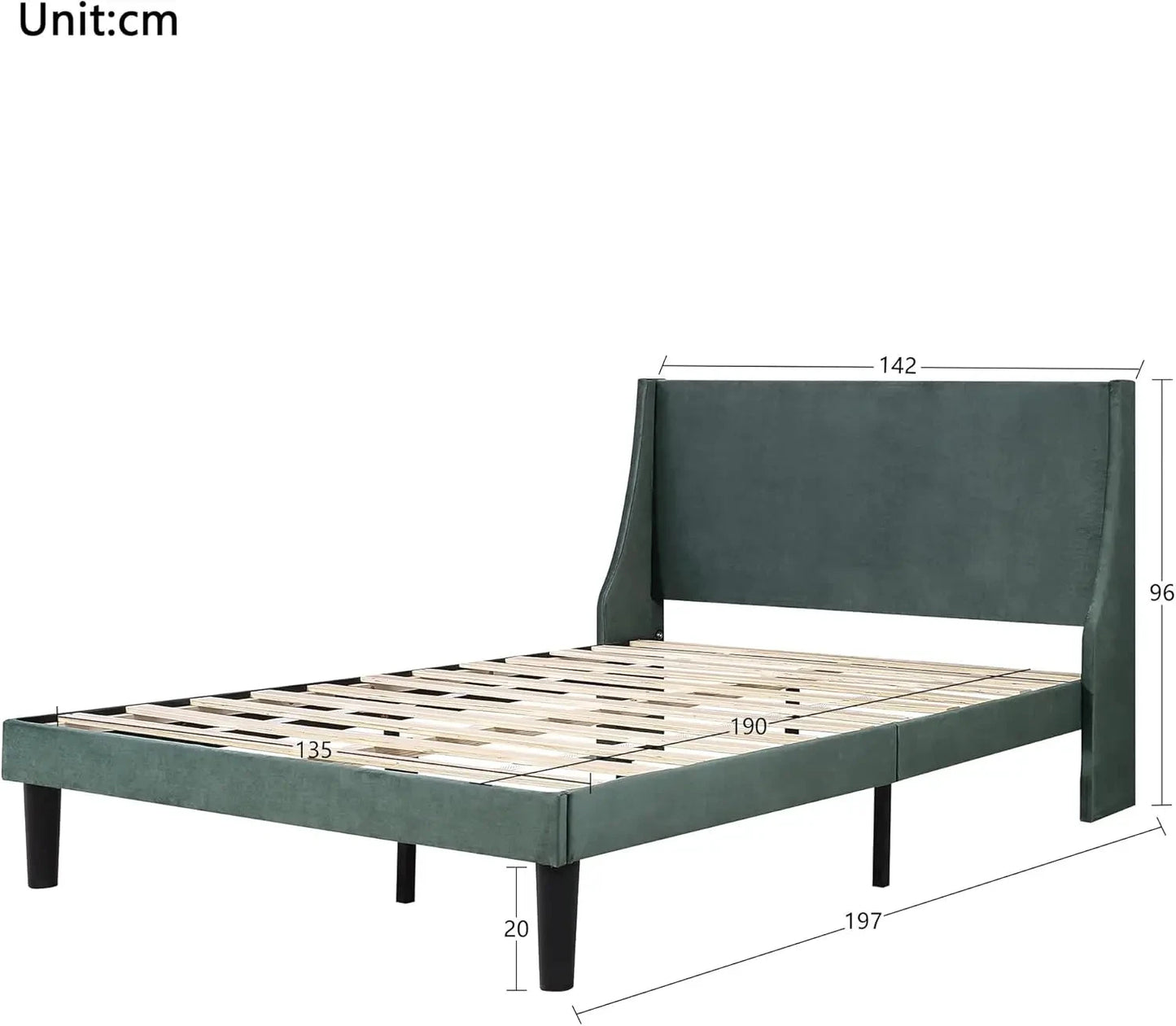 Bed, Soft Linen Grey Upholstered Bed with Winged Headboard Wood Slat Support (Grey + Velvet & 135 x 190cm) Manwatstore