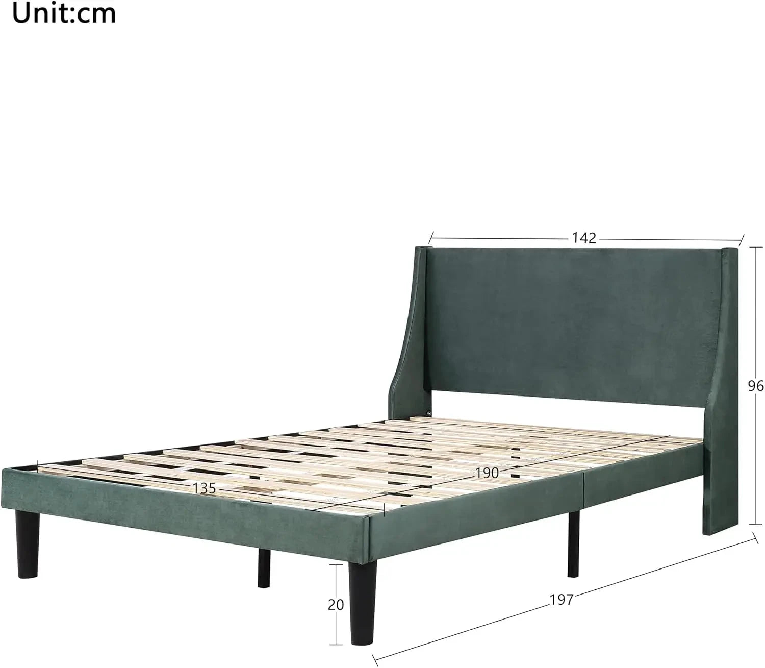 Bed, Soft Linen Grey Upholstered Bed with Winged Headboard Wood Slat Support (Grey + Velvet & 135 x 190cm) Manwatstore