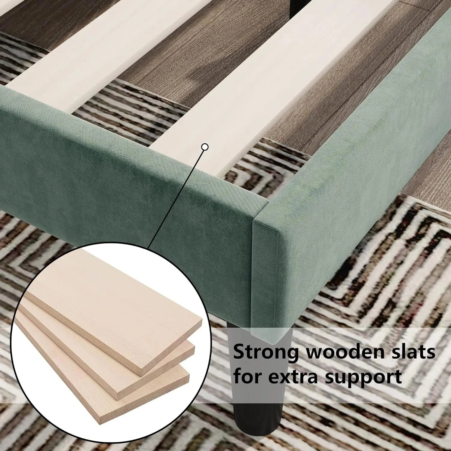 Bed, Soft Linen Grey Upholstered Bed with Winged Headboard Wood Slat Support (Grey + Velvet & 135 x 190cm) Manwatstore