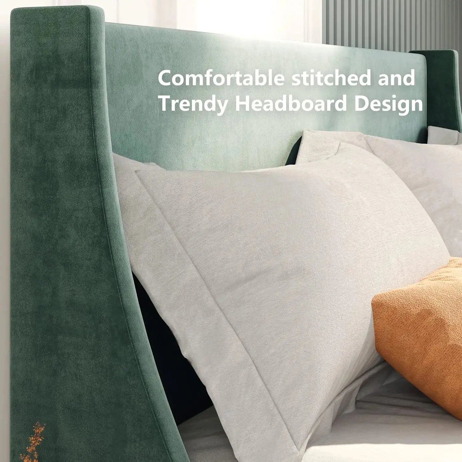 Bed, Soft Linen Grey Upholstered Bed with Winged Headboard Wood Slat Support (Grey + Velvet & 135 x 190cm) Manwatstore