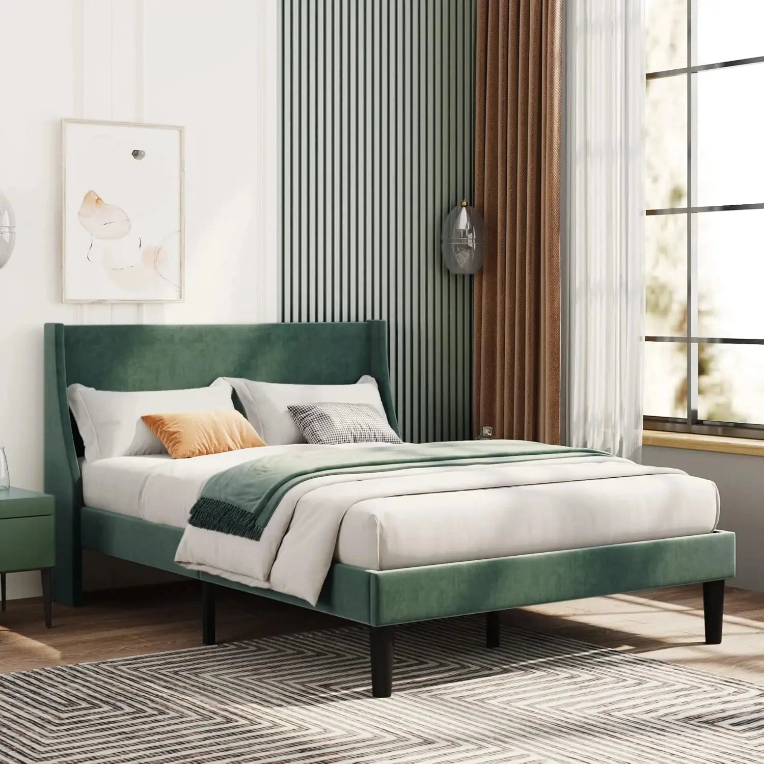 Bed, Soft Linen Grey Upholstered Bed with Winged Headboard Wood Slat Support (Grey + Velvet &amp; 135 x 190cm) Manwatstore