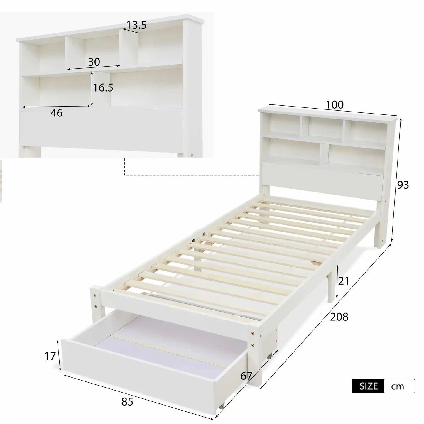Bed with Shelves White Wooden Storage Bed Underbed Drawer Bed Manwatstore