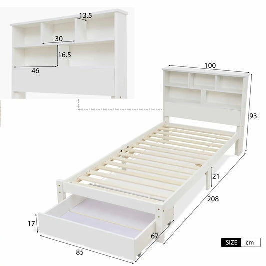 Bed with Shelves White Wooden Storage Bed Underbed Drawer Bed Manwatstore