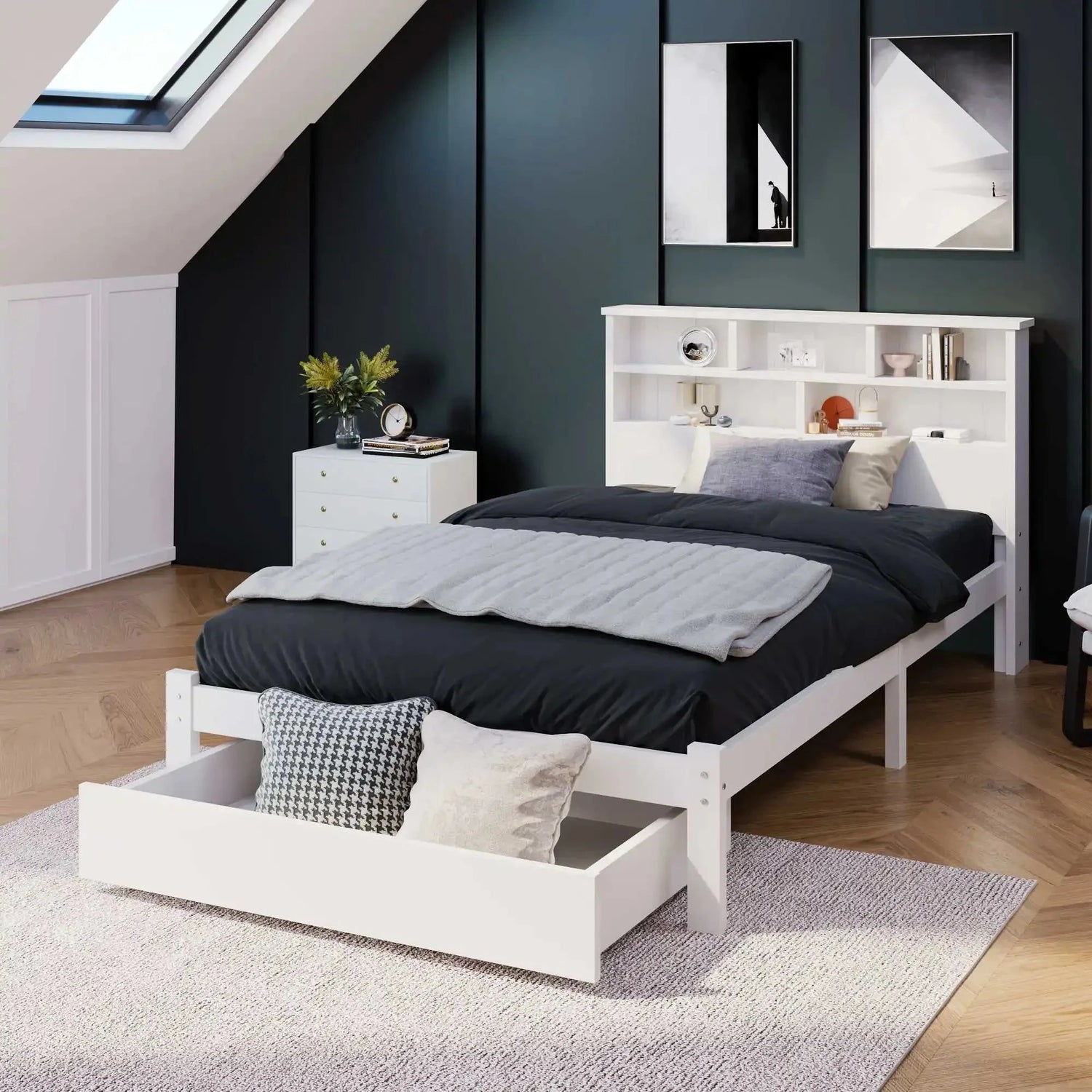 Bed with Shelves White Wooden Storage Bed Underbed Drawer Bed Manwatstore