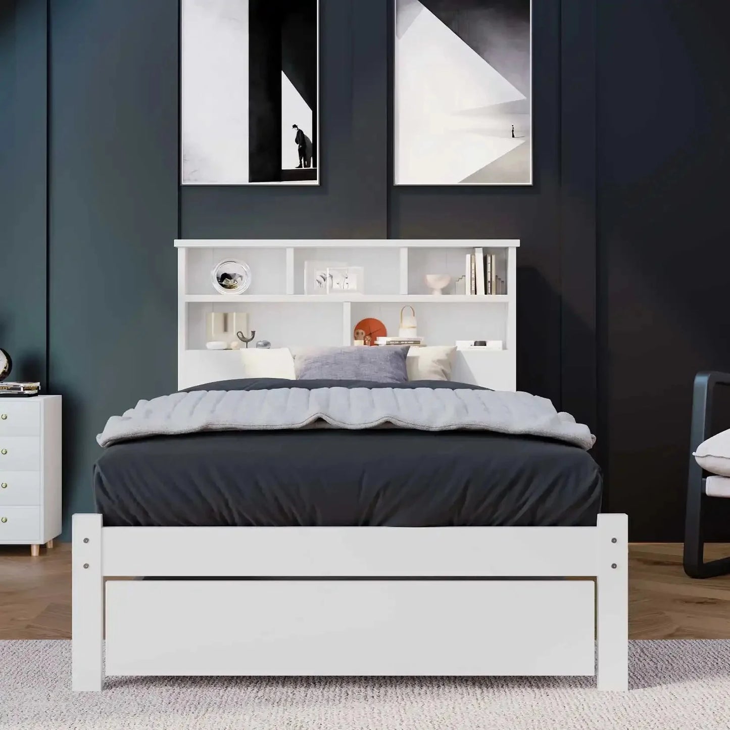 Bed with Shelves White Wooden Storage Bed Underbed Drawer Bed Manwatstore