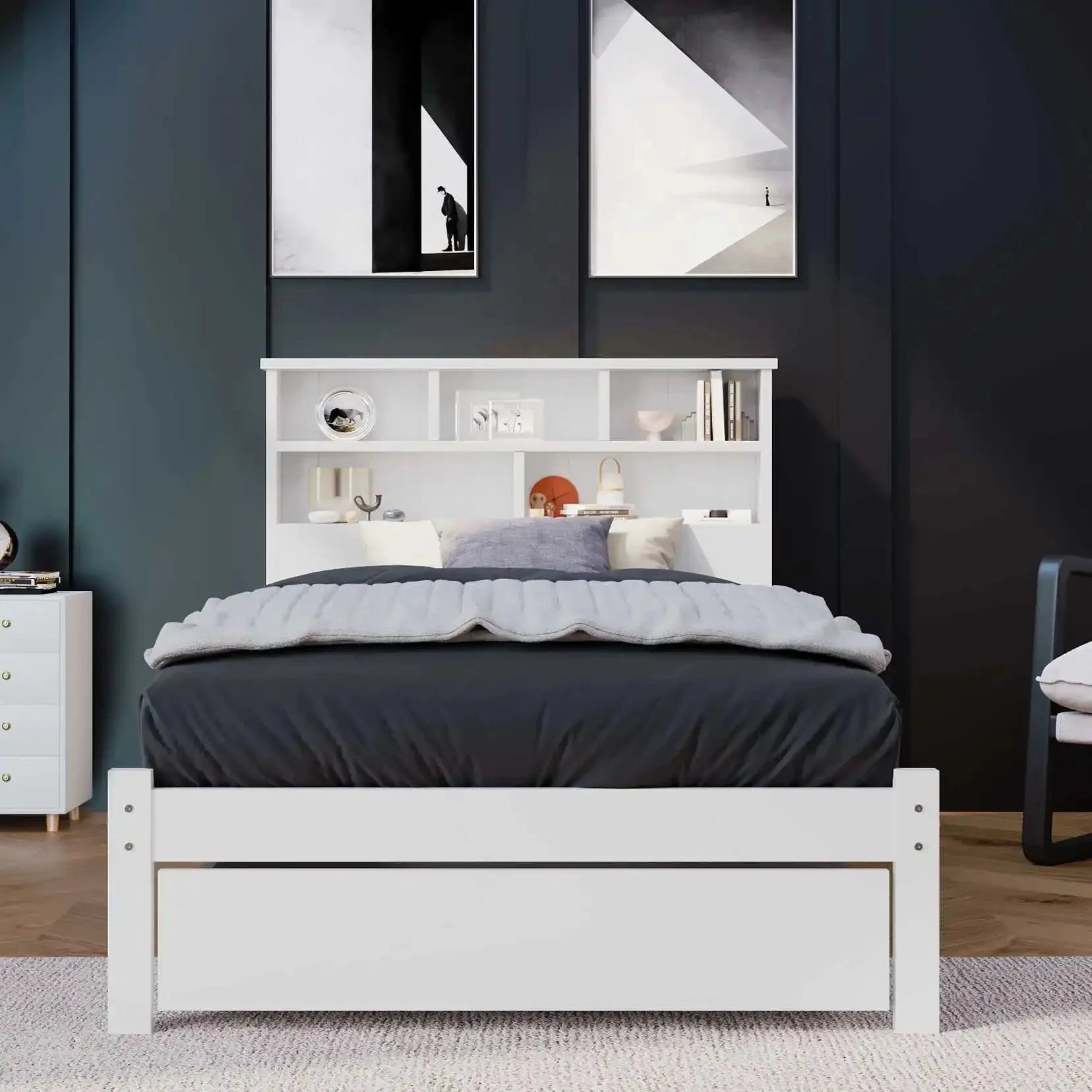 Bed with Shelves White Wooden Storage Bed Underbed Drawer Bed Manwatstore