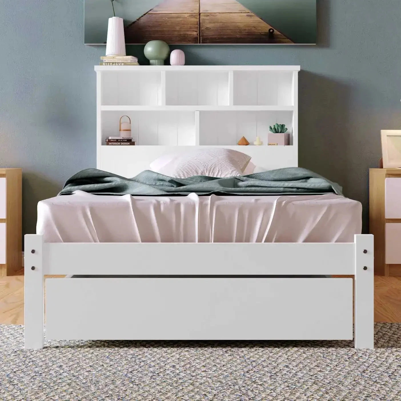 Bed with Shelves White Wooden Storage Bed Underbed Drawer Bed Manwatstore