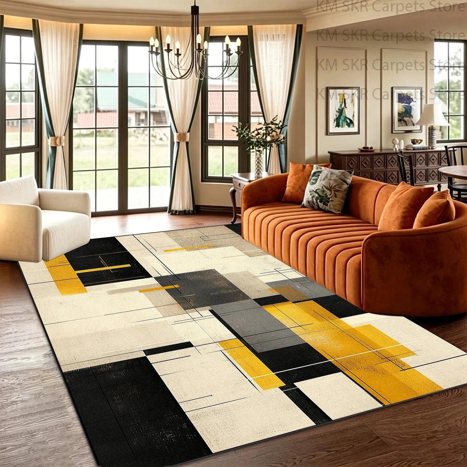 Block Geometry Modern Style Living Room High-end Carpet Decoration Bedroom Non-slip Washable Household Rug Soft Plush Study Mat Manwatstore