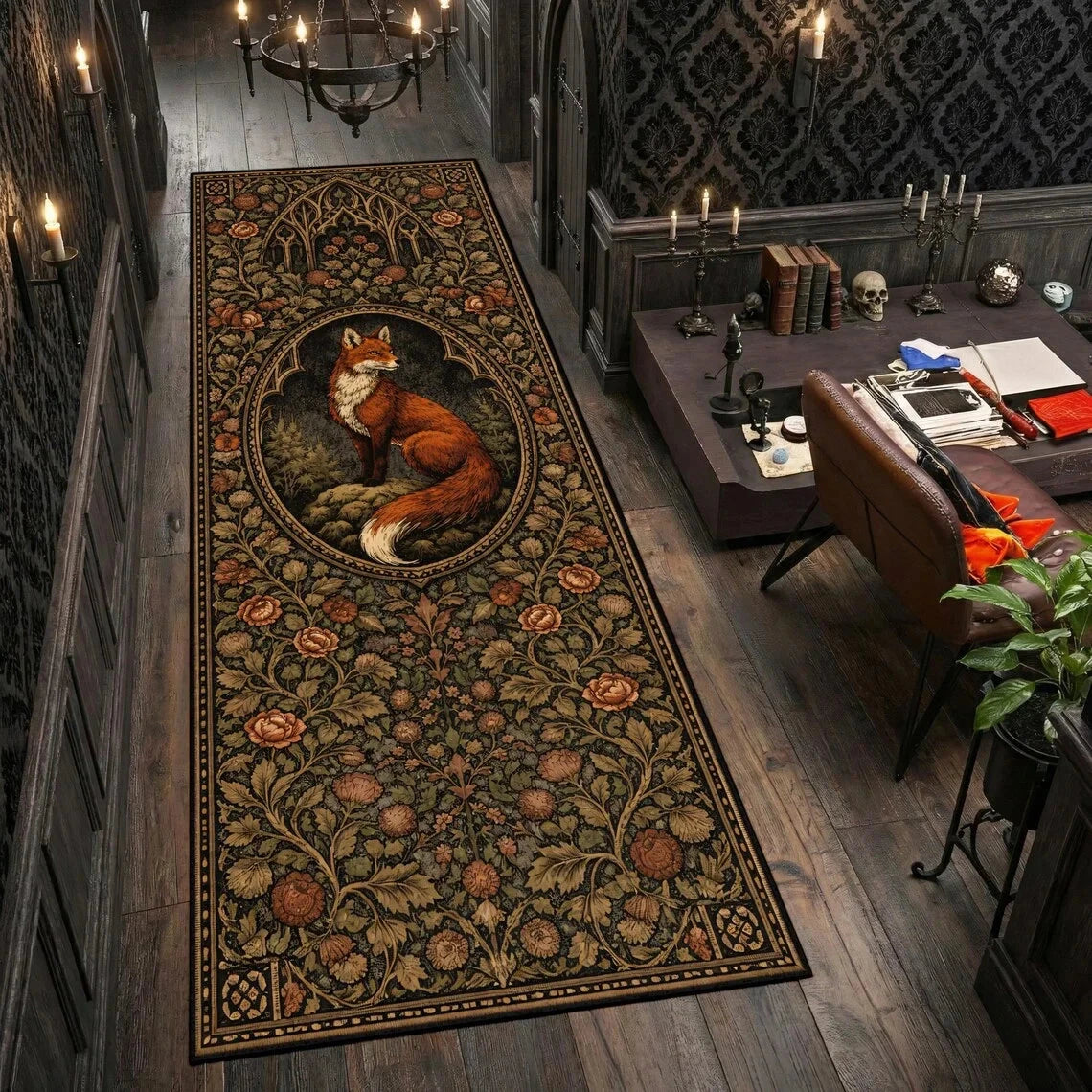 Boho Fox Forest Graphic Runner Rug Moon Phase Fern Print Hallway Mat Non-Slip Welcome Rug for Corridor Kitchen Bedroom Manwatstore