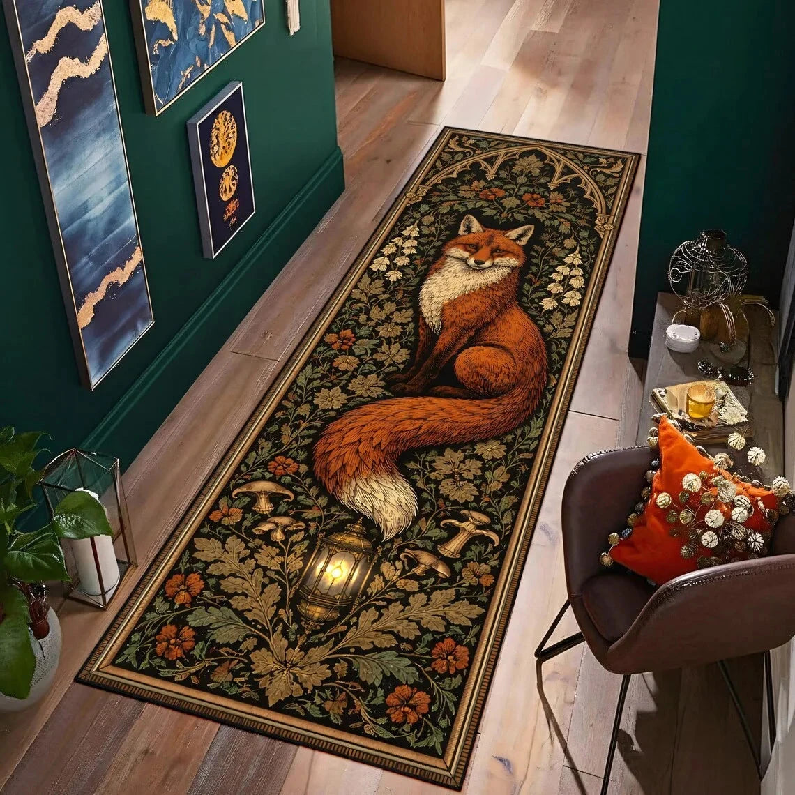 Boho Fox Forest Graphic Runner Rug Moon Phase Fern Print Hallway Mat Non-Slip Welcome Rug for Corridor Kitchen Bedroom Manwatstore