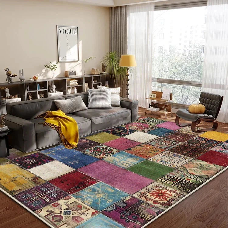 Boho Patchwork Geometric Washable Rug – Non-Slip Living Room &amp; Bedroom Carpet Manwatstore