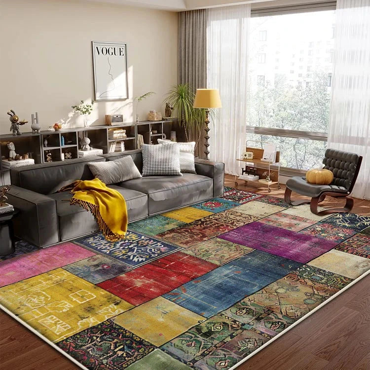 Boho Patchwork Geometric Washable Rug – Non-Slip Living Room &amp; Bedroom Carpet Manwatstore