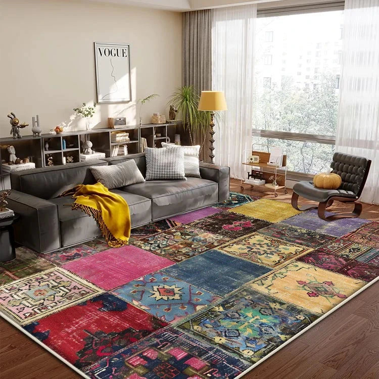 Boho Patchwork Geometric Washable Rug – Non-Slip Living Room &amp; Bedroom Carpet Manwatstore