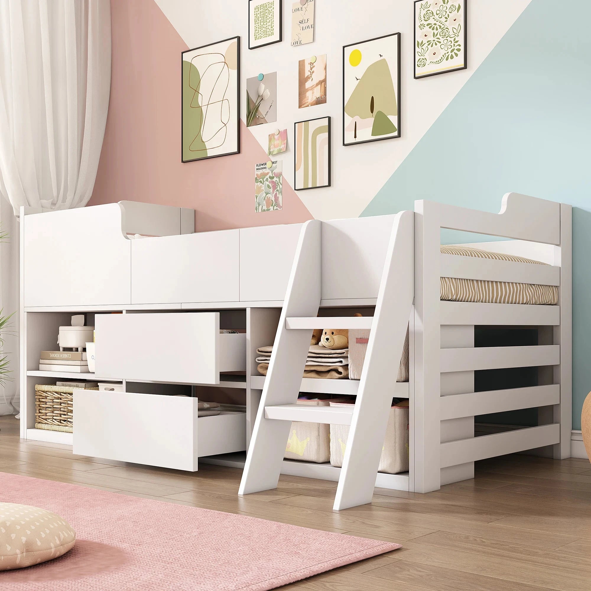 Cabin Bed Frame with Drawers &amp; Shelf Storage – Low Single Wooden Children’s Bed (90 x 190 cm) Frame Only Manwatstore