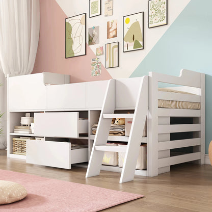 Cabin Bed Frame with Drawers & Shelf Storage – Low Single Wooden Children’s Bed (90 x 190 cm) Frame Only Manwatstore
