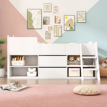 Cabin Bed Frame with Drawers &amp; Shelf Storage – Low Single Wooden Children’s Bed (90 x 190 cm) Frame Only Manwatstore