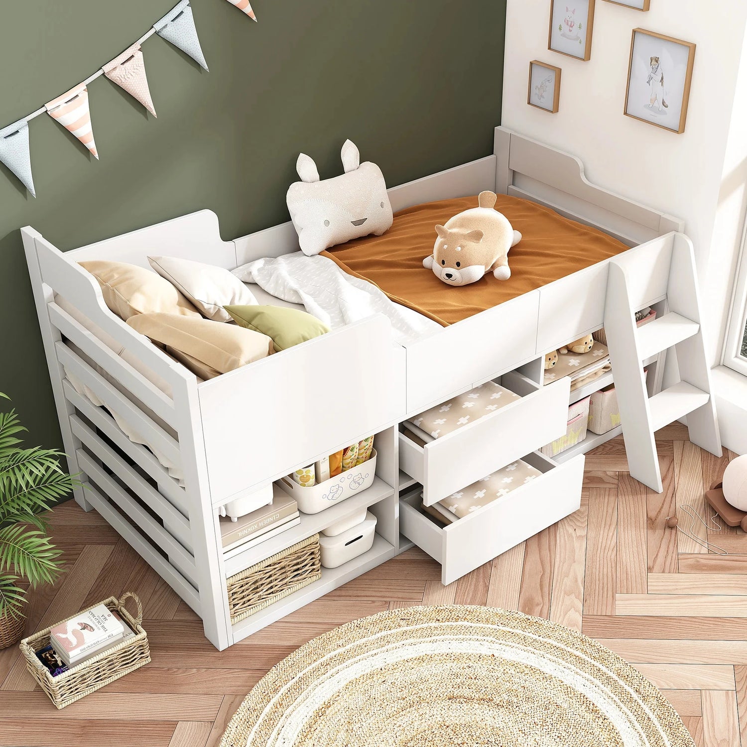Cabin Bed Frame with Drawers &amp; Shelf Storage – Low Single Wooden Children’s Bed (90 x 190 cm) Frame Only Manwatstore