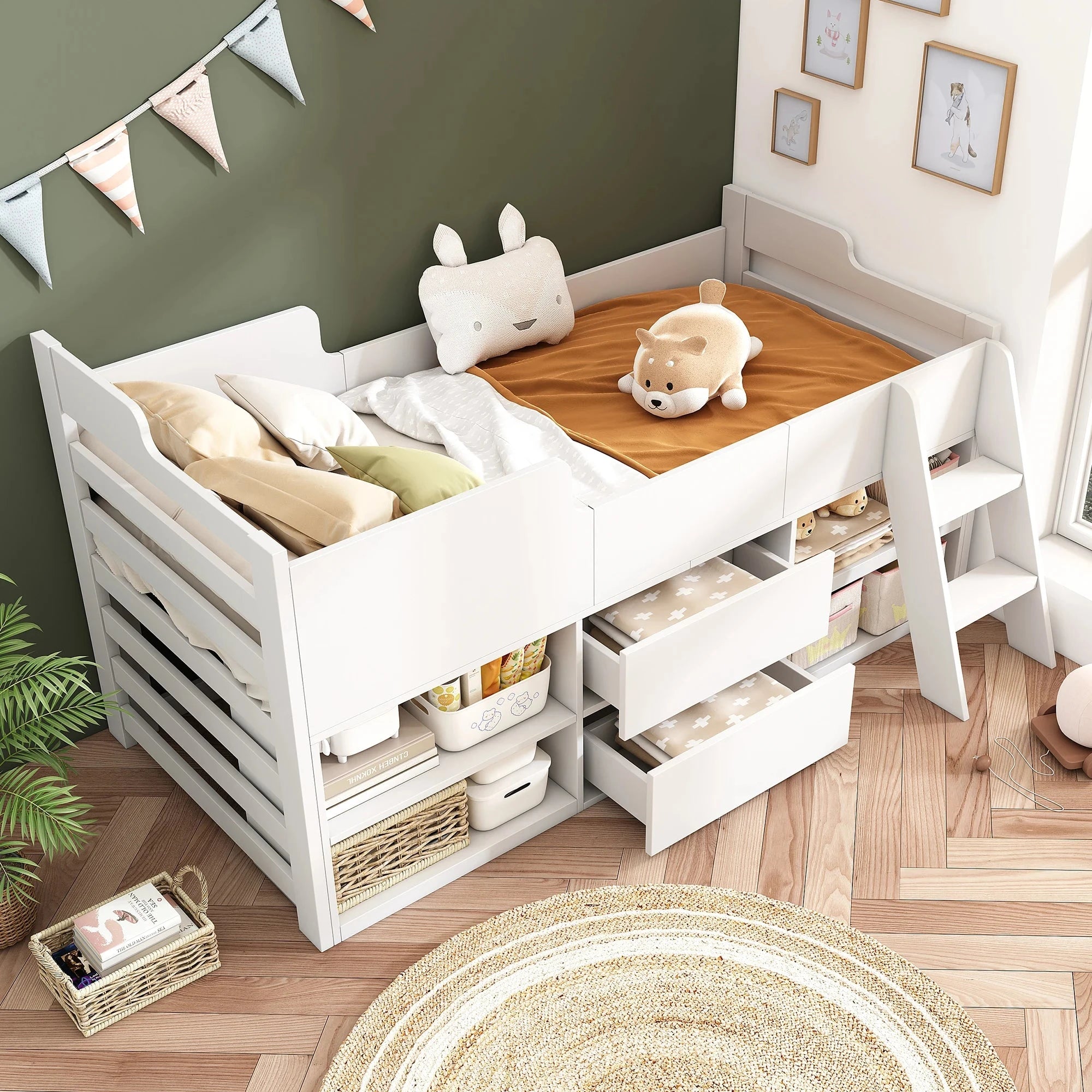 Cabin Bed Frame with Drawers &amp; Shelf Storage – Low Single Wooden Children’s Bed (90 x 190 cm) Frame Only Manwatstore