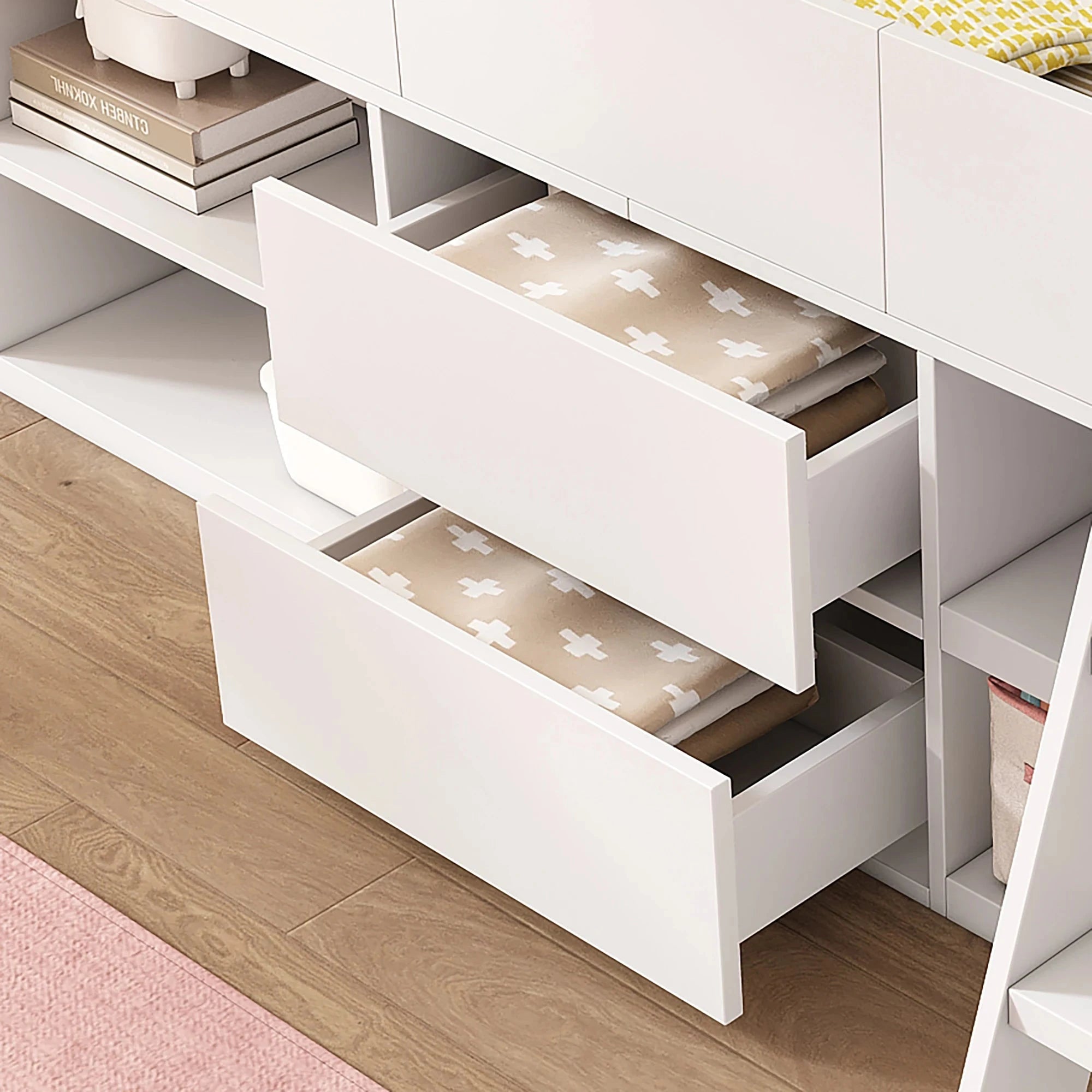 Cabin Bed Frame with Drawers &amp; Shelf Storage – Low Single Wooden Children’s Bed (90 x 190 cm) Frame Only Manwatstore