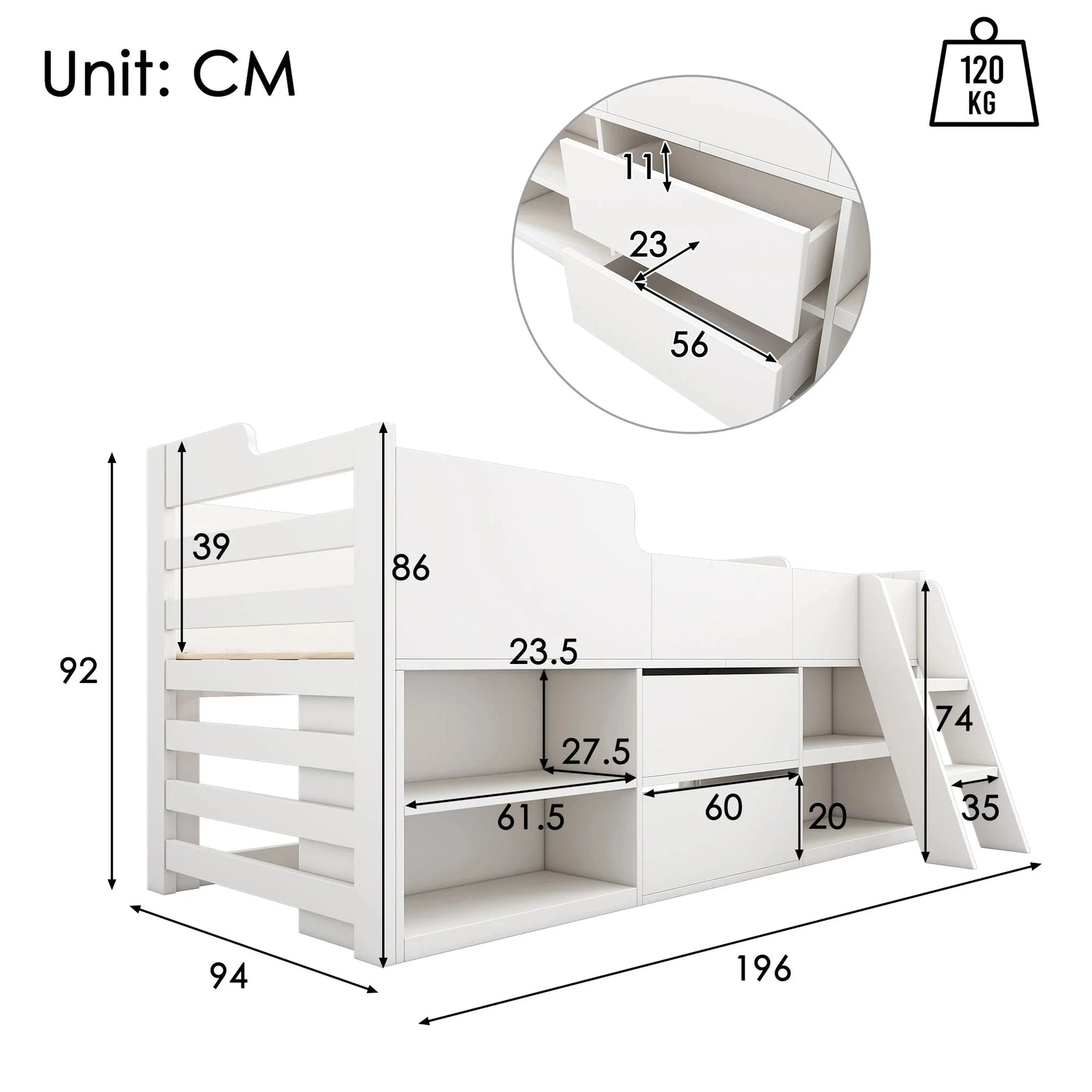 Cabin Bed Frame with Drawers &amp; Shelf Storage – Low Single Wooden Children’s Bed (90 x 190 cm) Frame Only Manwatstore