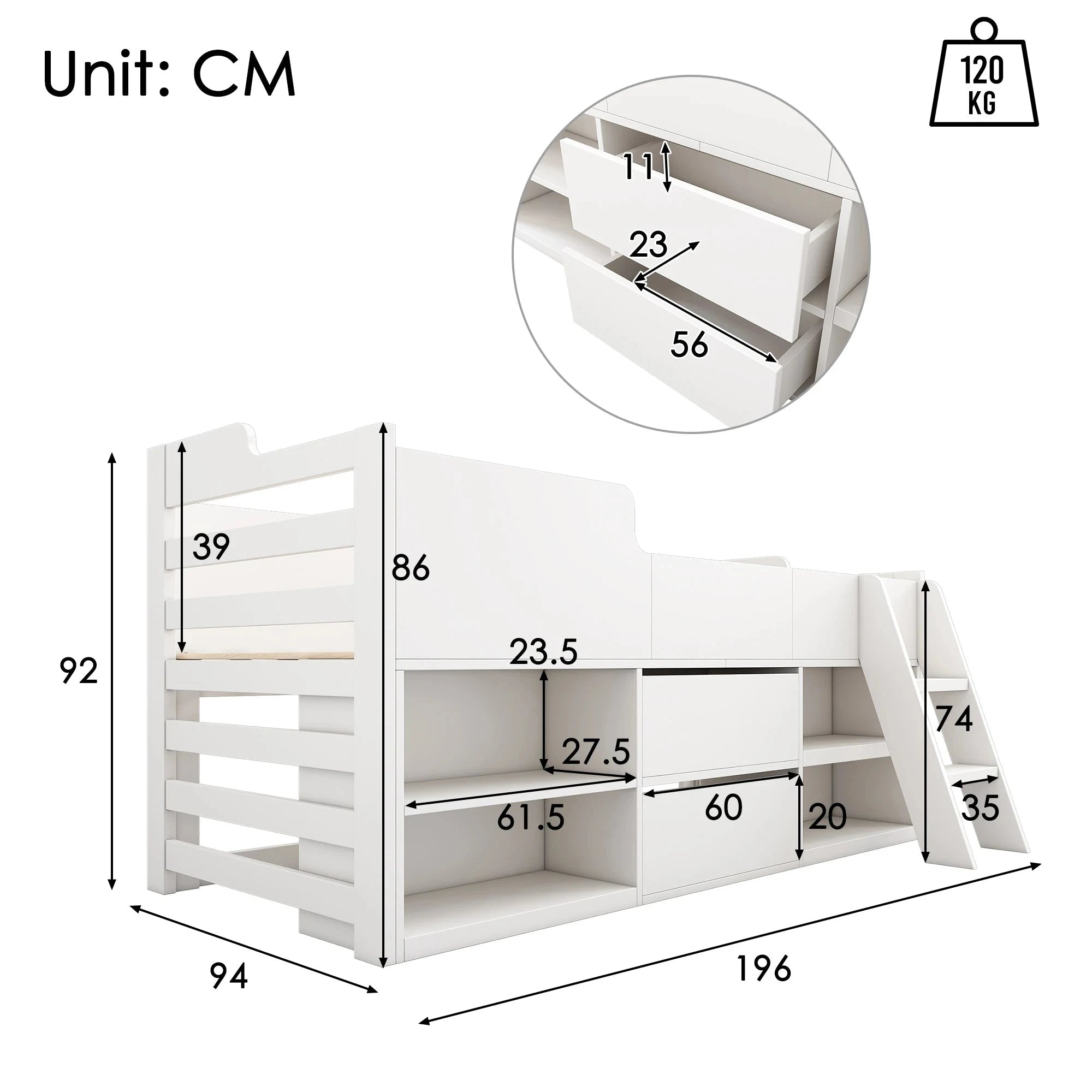 Cabin Bed Frame with Drawers &amp; Shelf Storage – Low Single Wooden Children’s Bed (90 x 190 cm) Frame Only Manwatstore