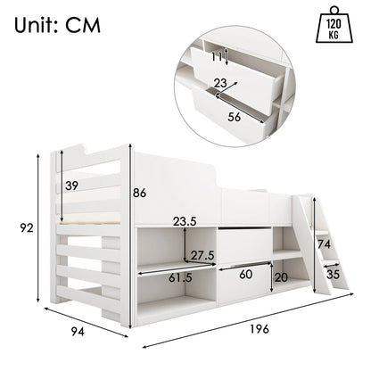Cabin Bed Frame with Drawers &amp; Shelf Storage – Low Single Wooden Children’s Bed (90 x 190 cm) Frame Only Manwatstore