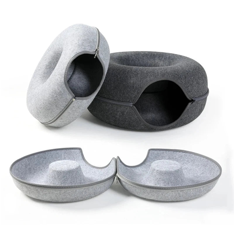Cat Bed Donut Shape Pet Interactive House for 2 Cats Felt Tunnel Kitten Beds Removable Half Closed Cat Cave Nest Pets Supplies Manwatstore
