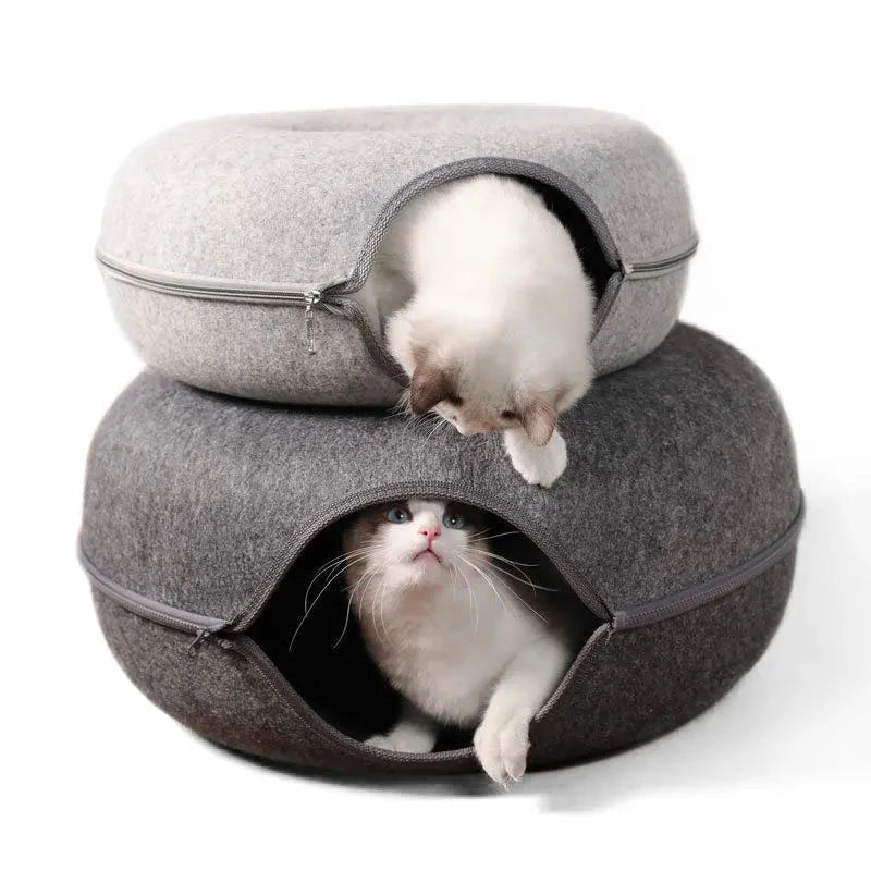 Cat Bed Donut Shape Pet Interactive House for 2 Cats Felt Tunnel Kitten Beds Removable Half Closed Cat Cave Nest Pets Supplies Manwatstore