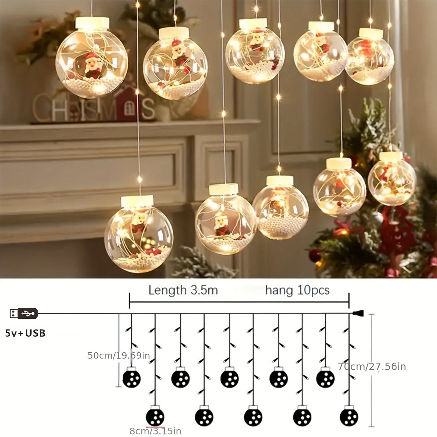 Christmas Ball Light String, 10 Christmas Blessing Ball Fairy Lights, Christmas Ornaments, Christmas Holiday Parties, Holiday Party Decorations, USB Power Supply, 8 Lighting Modes, Remote Control Manwatstore