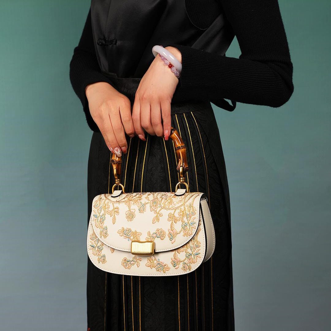 Cowhide Embroidery Ladies Bamboo Handbag 0 Manwatstore