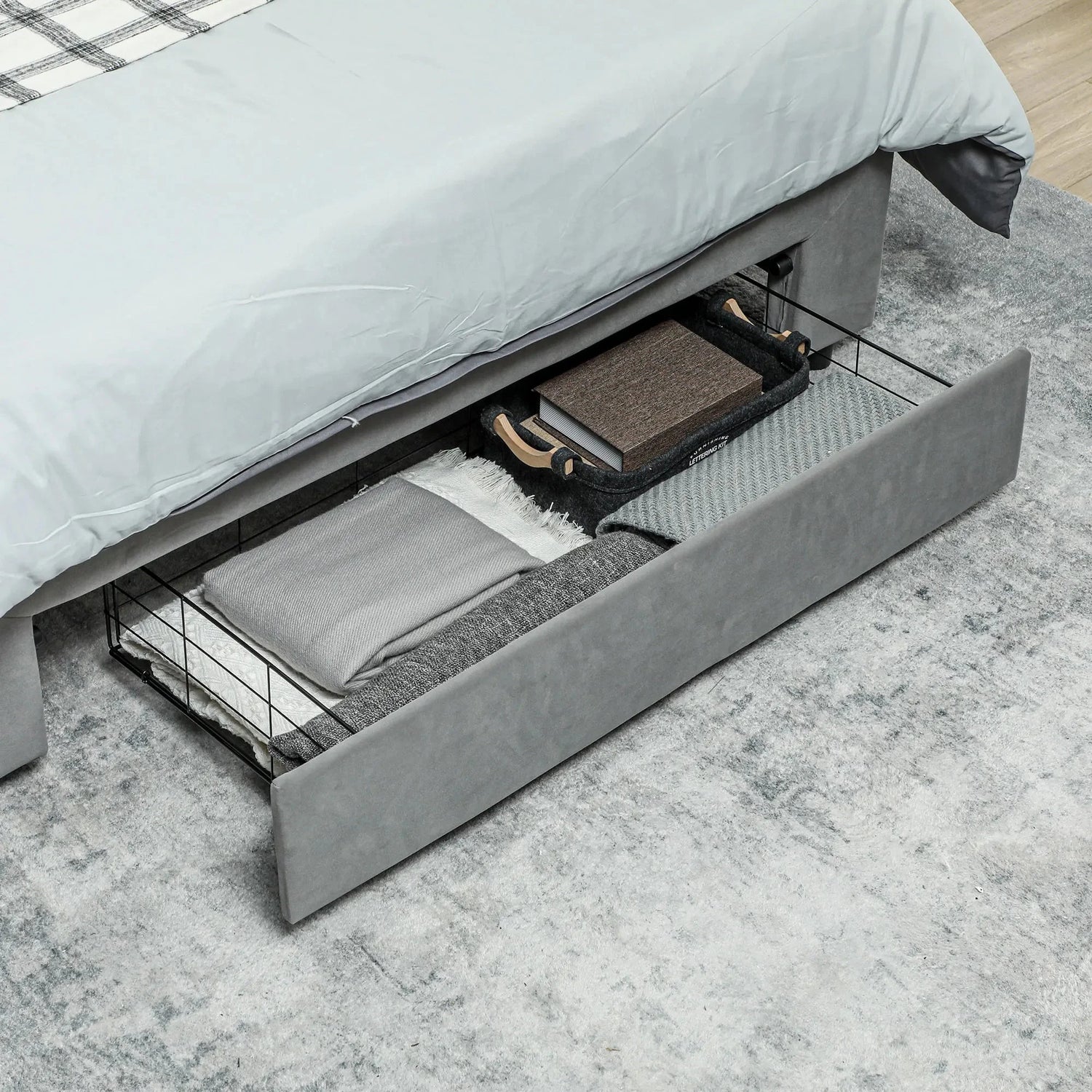 Double Bed Frame with Storage and Adjustable Velvet Headboard Bed Manwatstore