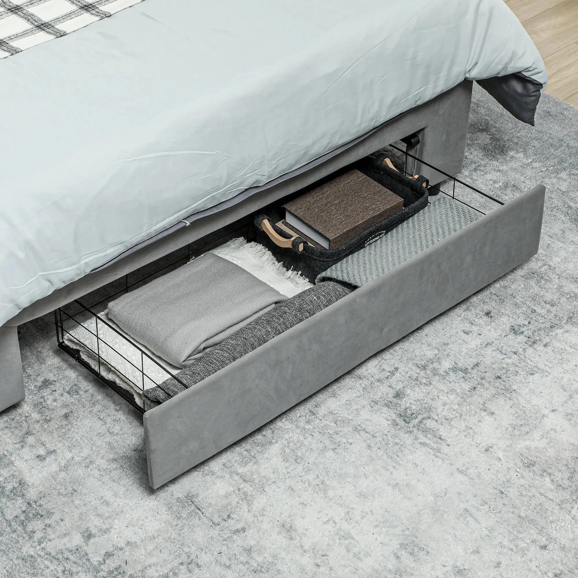 Double Bed Frame with Storage and Adjustable Velvet Headboard Bed Manwatstore
