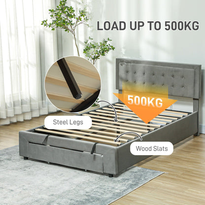 Double Bed Frame with Storage and Adjustable Velvet Headboard Bed Manwatstore