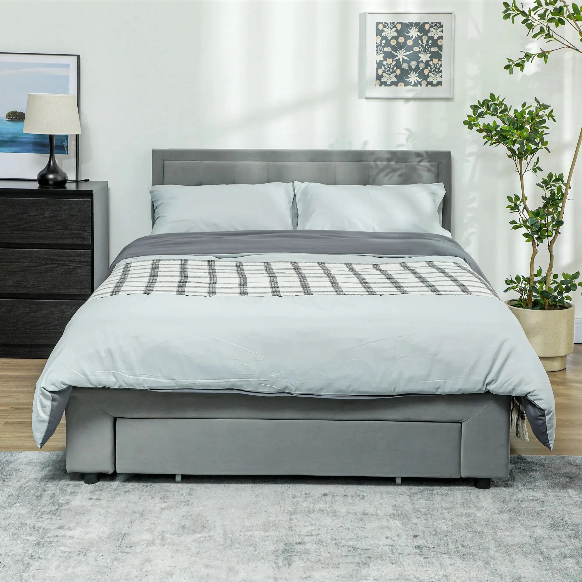 Double Bed Frame with Storage and Adjustable Velvet Headboard Bed Manwatstore