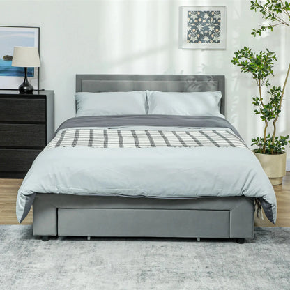 Double Bed Frame with Storage and Adjustable Velvet Headboard Bed Manwatstore
