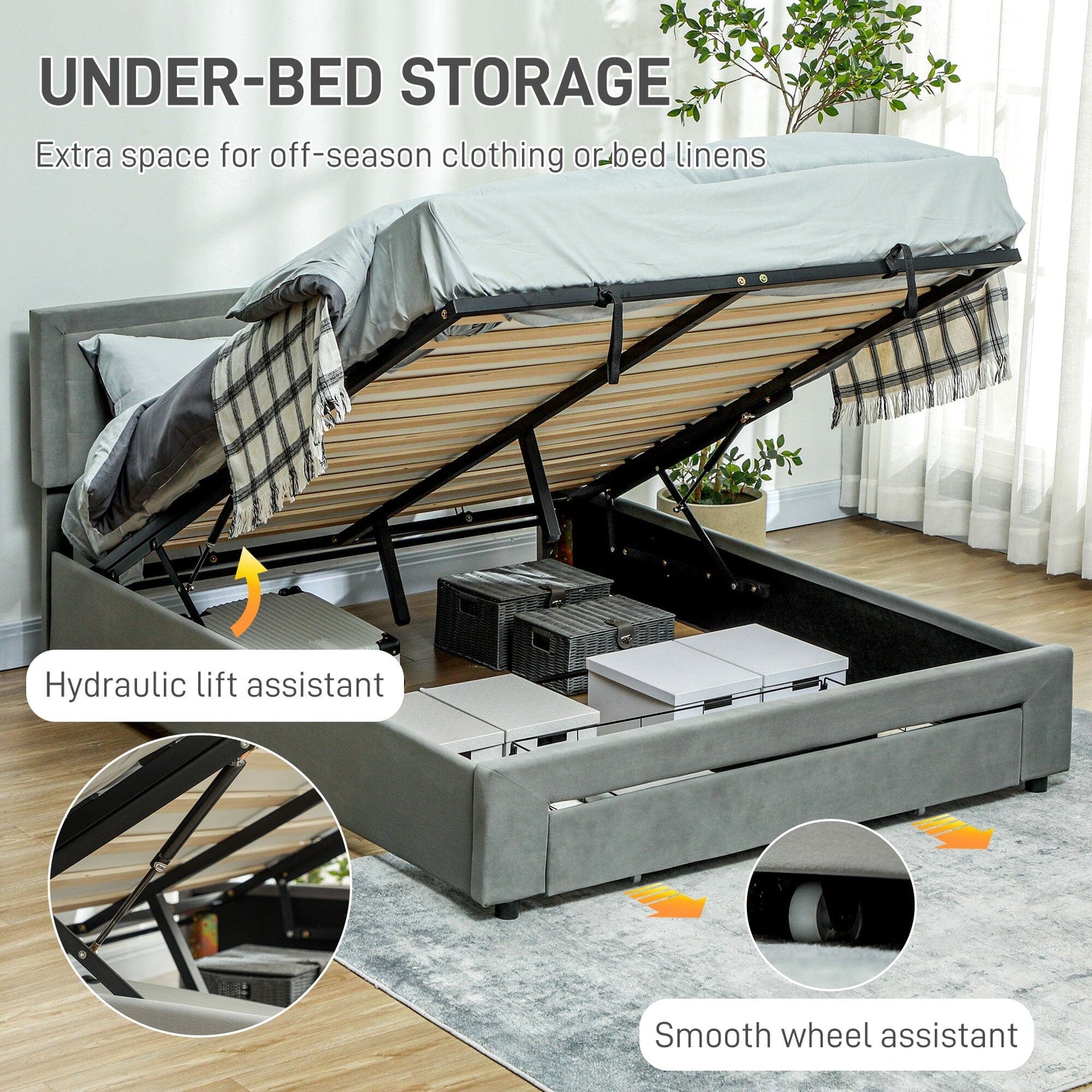 Double Bed Frame with Storage and Adjustable Velvet Headboard Bed Manwatstore